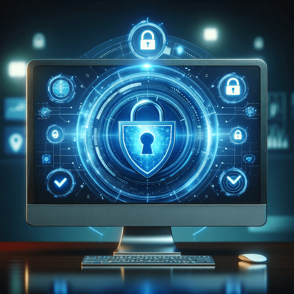 Un bouclier bleu et transparent flottant au centre d'un circuit numérique symbolise la protection robuste et la surveillance des vulnérabilités offertes par le service de sécurité web.