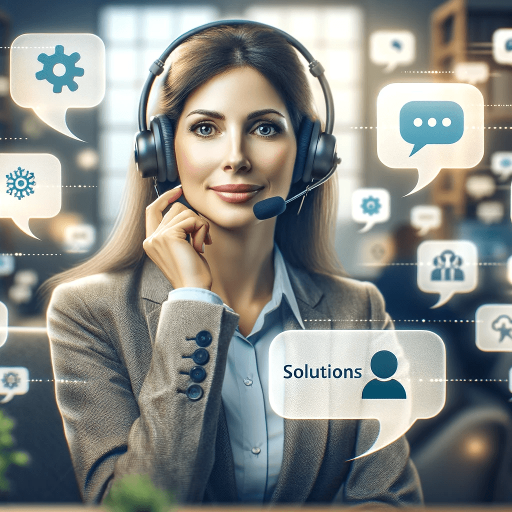 Une opératrice avec un casque d'assistance clientèle entourée d'icônes de dialogue et de solutions illustre le support client réactif et personnalisé pour l'évolution continue de la présence en ligne.