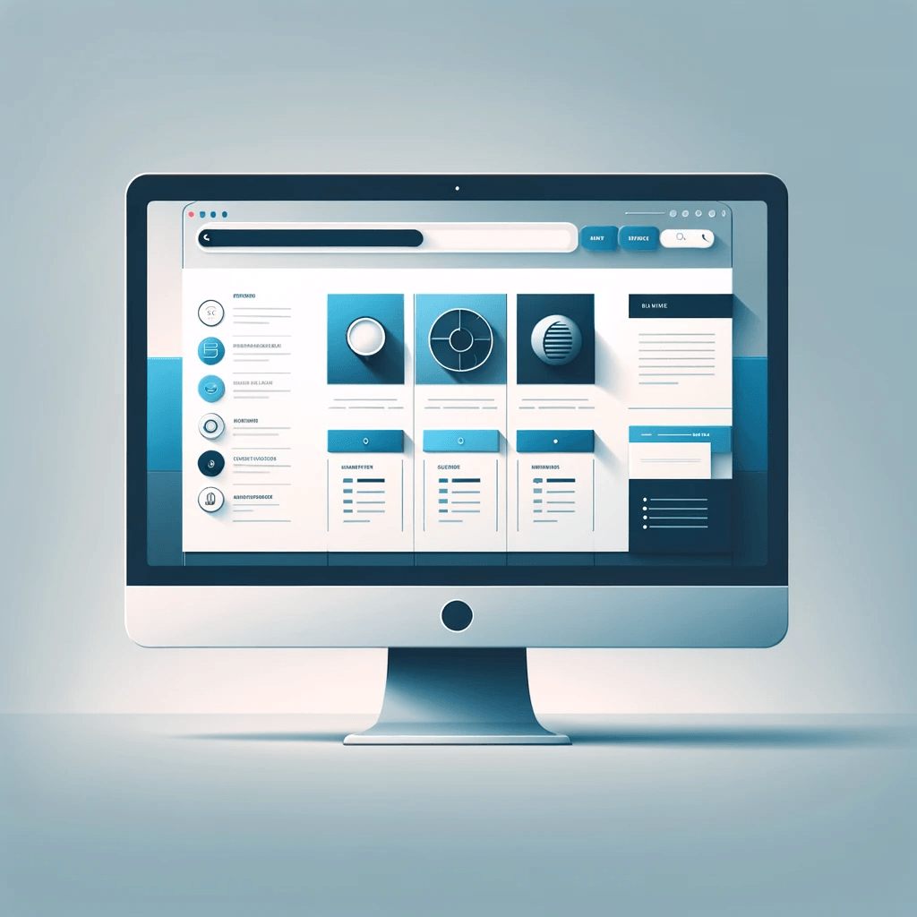 un écran d'ordinateur moderne affichant une interface utilisateur de site web. Le design est épuré et utilise une palette de couleurs composée de différents tons de bleu, donnant une impression professionnelle et moderne. La page web à l'écran présente une mise en page bien organisée avec des éléments graphiques tels que des icônes, des graphiques circulaires, et des espaces pour le texte, qui suggèrent une navigation intuitive. C'est une représentation idéale d'un site vitrine, indiquant clairement les services et informations qu'une entreprise peut vouloir mettre en avant. Cette image pourrait être utilisée pour illustrer la capacité d'ABtactics à créer des sites web visuellement attrayants et fonctionnellement riches.
