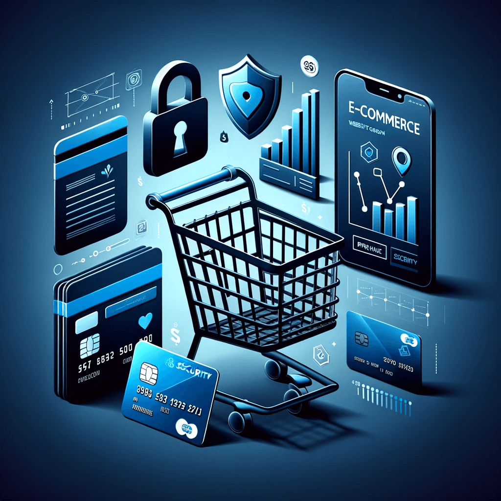 une série d'icônes et d'éléments graphiques associés au e-commerce, sur un fond bleu foncé. On y voit un panier d'achat métallique, signifiant clairement le shopping en ligne. À côté, des cartes de crédit et un smartphone affichant des graphiques de performance évoquent la gestion des transactions et l'analyse des données. Des symboles de sécurité comme un cadenas et un bouclier avec un badge de vérification renforcent l'importance de la sécurité dans le commerce en ligne. C'est une représentation visuelle dynamique de ce que l'on peut attendre d'un site e-commerce moderne : un mélange de fonctionnalité, de sécurité et d'accessibilité.