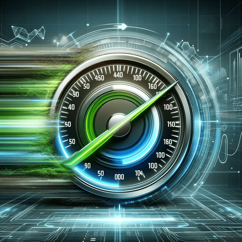 Un compteur de vitesse avec une aiguille pointant vers le haut dans une teinte de vert indique des performances web optimales et une maintenance technique assurant un site rapide et fiable.